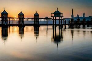 the sun sets over a pier with a mosque in the background. AI-Generated photo