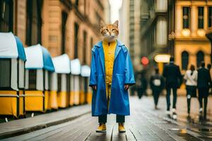 a cat wearing a blue coat and yellow shoes. AI-Generated photo