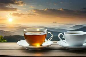 two cups of tea on a wooden table with mountains in the background. AI-Generated photo