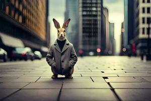 a rabbit wearing a coat and tie sits on the street. AI-Generated photo