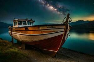 a boat sits on the shore under a night sky. AI-Generated photo