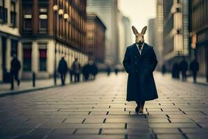 un Conejo vistiendo un traje y Corbata caminando abajo un ciudad calle. generado por ai foto