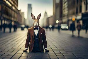 a rabbit wearing a suit and tie sits on the ground. AI-Generated photo