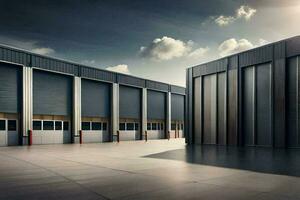 a large warehouse with two large doors. AI-Generated photo