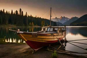 a boat sits on the shore of a lake at sunset. AI-Generated photo