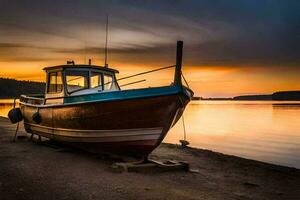 a boat sits on the shore at sunset. AI-Generated photo