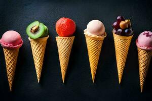 five ice cream cones with different types of fruit. AI-Generated photo