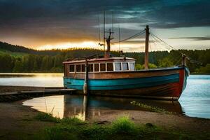 a boat docked at the shore of a lake. AI-Generated photo