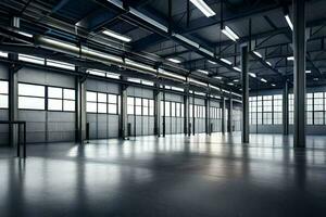 an empty warehouse with large windows and lots of light. AI-Generated photo