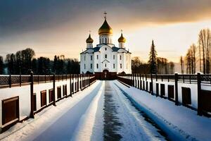 un blanco Iglesia con oro domos en el nieve. generado por ai foto