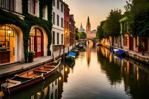 boats are docked in a canal at sunset. AI-Generated photo