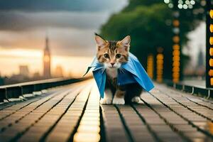 a cat wearing a blue jacket walking on a bridge. AI-Generated photo