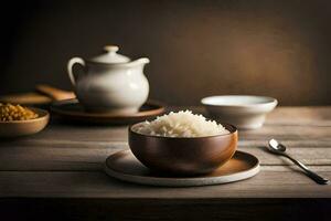 a bowl of rice and a teapot on a wooden table. AI-Generated photo