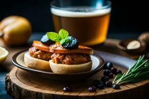 the food is served on a wooden board with a glass of beer. AI-Generated photo