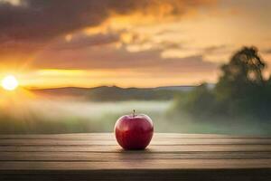 an apple sits on a wooden table in front of a sunset. AI-Generated photo