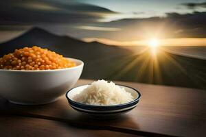 the rice is in a bowl and the bowl is on a table. AI-Generated photo