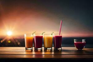 five glasses of juice on a table with the sun setting behind. AI-Generated photo