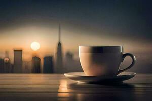 a cup of coffee on a table with a city in the background. AI-Generated photo