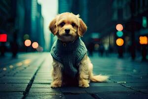 a dog wearing a sweater sits on the street. AI-Generated photo