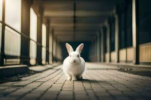 un blanco Conejo es en pie en un oscuro túnel. generado por ai foto