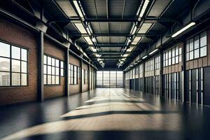 an empty warehouse with large windows and a large open space. AI-Generated photo