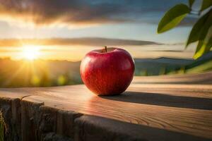 a red apple sits on a wooden table in front of the sun. AI-Generated photo