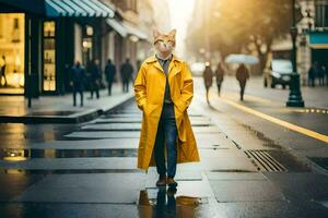 un hombre en un amarillo impermeable y un gato mascarilla. generado por ai foto