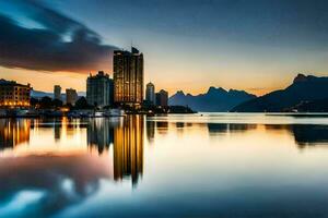 el ciudad horizonte es reflejado en el agua a puesta de sol. generado por ai foto