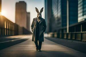 a rabbit wearing a coat and tie walking down a street. AI-Generated photo