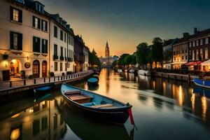 boats are docked on a canal at sunset. AI-Generated photo