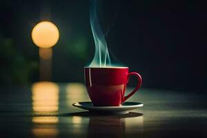 a red cup of coffee on a table with a light. AI-Generated photo