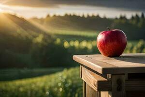 an apple sits on a wooden table in front of a field. AI-Generated photo
