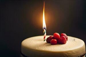a single candle is lit on a white cake. AI-Generated photo