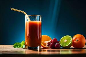 a glass of juice with a straw and fruit. AI-Generated photo