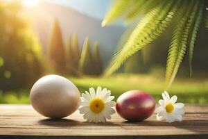 three eggs and a daisy on a wooden table. AI-Generated photo