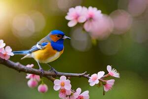 a blue and orange bird sits on a branch with pink flowers. AI-Generated photo