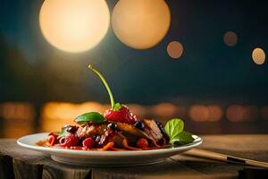 a plate of food with berries and vegetables on a wooden table. AI-Generated photo