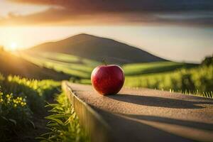an apple on a wooden path in the middle of a field. AI-Generated photo