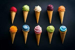 a row of ice cream cones with different colors. AI-Generated photo