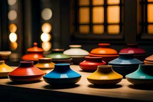 colorful vases on a table in front of a window. AI-Generated photo