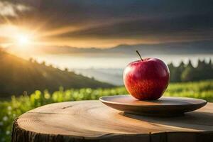 manzana en un de madera plato en el puesta de sol. generado por ai foto