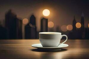 a cup of coffee on a table in front of a cityscape. AI-Generated photo