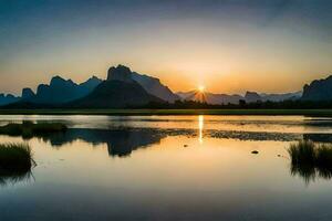 el Dom sube terminado montañas y agua en un lago. generado por ai foto