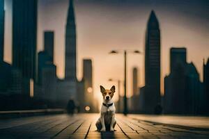 a dog sitting on the ground in front of a city skyline. AI-Generated photo