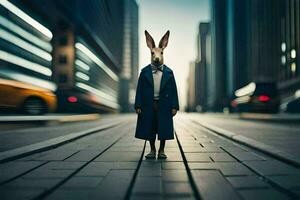 a rabbit in a coat and tie standing in the middle of a city street. AI-Generated photo