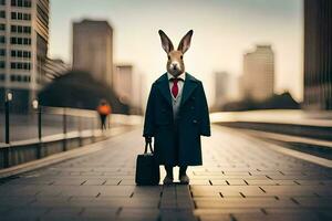 a rabbit dressed in a suit and tie standing on a street. AI-Generated photo