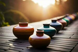 colorful vases on a wooden table by joseph karas for stocksy united. AI-Generated photo