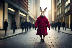 un Conejo vistiendo un rojo Saco y caminando abajo un calle. generado por ai foto
