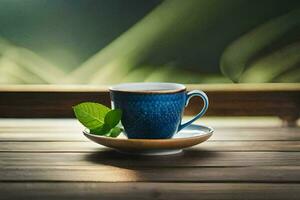 a cup of tea on a wooden table. AI-Generated photo