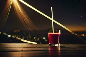 a glass of juice with a straw on a table in front of a city skyline. AI-Generated photo